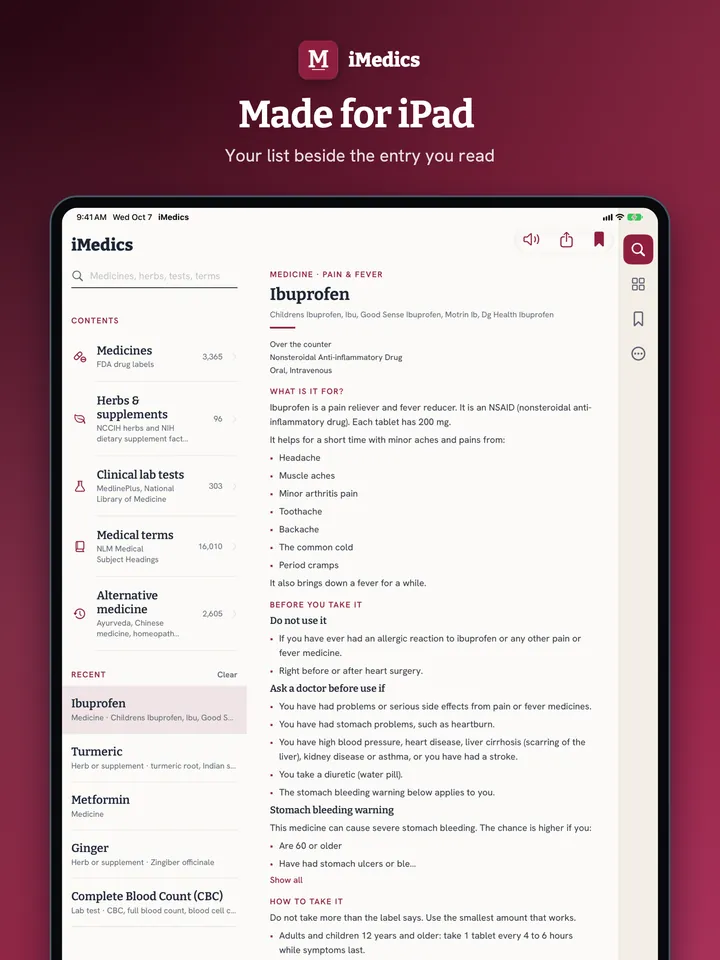 Medics on iPad, screenshot 1