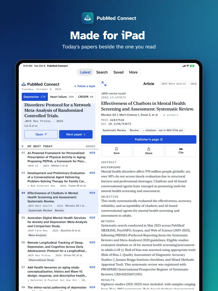 PubMed Connect on iPad, screenshot 1