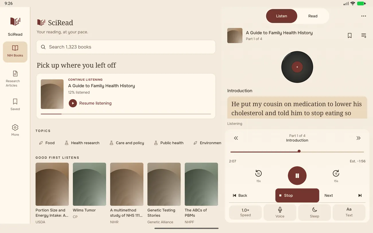 SciRead on an Android tablet